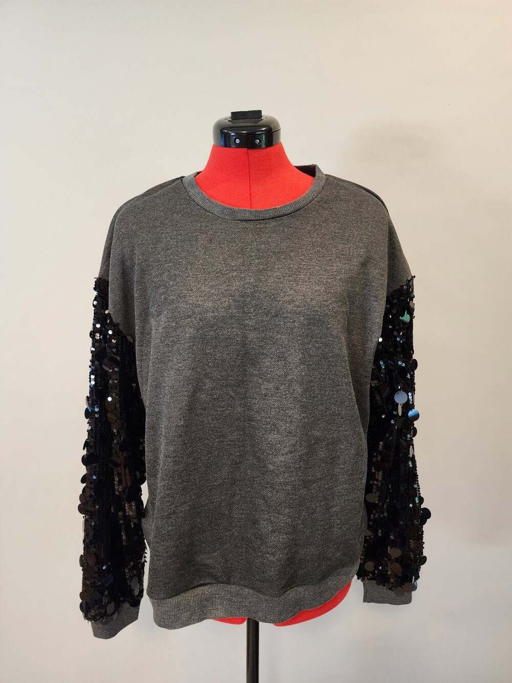 Gray Oversized Sweatshirt Black Sequin Sleeves Size Large